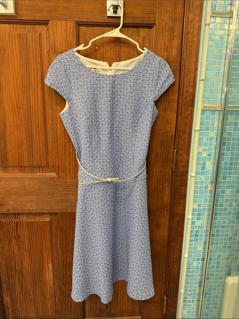 Blue Textured Midi Dress with Cream Waist Belt
